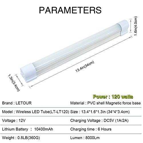 LETOUR Barra de luz LED magnética de trabajo 120 W 6000 lúmenes, 5 niveles regulables, linterna de camping recargable por USB, luz portátil de resistencia para 80 horas (LT-LTK120 120 W)