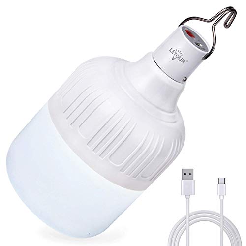 LETOUR Farol de Acampada, Bombilla de luz LED con Colgador, Recargable por USB 60W 5000 lúmenes 5 Niveles Regulables, luz portátil para Trabajar y para Exteriores Camping Patio jardín Barbacoa