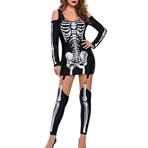 LEYUANA Vestido de Fiesta de Halloween Mono con Hombros Descubiertos DRES, Vestido de Mujer Otoño Punk Estampado de Calavera O-Cuello de Manga Larga Esqueleto Sexy S 01