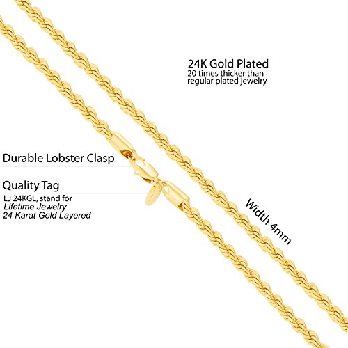 Lifetime Jewelry - Collar de cadena de cuerda de 4 mm chapado en oro auténtico de 24 quilates, para hombres y mujeres