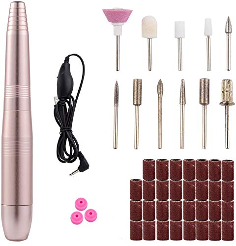 Lima de uñas Eléctrica, H/E 11 en 1 11 en 1 Profesional 20000 RPM Kit de Manicura Eléctrico, Fresa Eléctrica para uñas con cortaúñas y 31 piezas Bandas de arena para uñas de gel acrílico, Oro