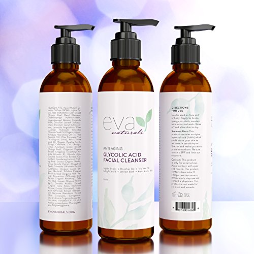 Limpiador Anti-Edad de Ácido Glicólico Eva Naturals (6 oz) -Tratamiento de Acné y Exfoliante, Reduce Arrugas y Mejora la Humectación y Brillo en Rostro - Con Ácido Alfa Hidróxido, Aloe y Vitamina E