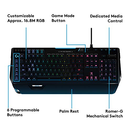 Logitech G910 Orion Spectrum, Teclado Mecánico RGB para Gaming, Romer-G Táctil, 9 Teclas G, Segunda Pantalla Arx, Disposición QWERTY, USB/Alámbrico, Negro