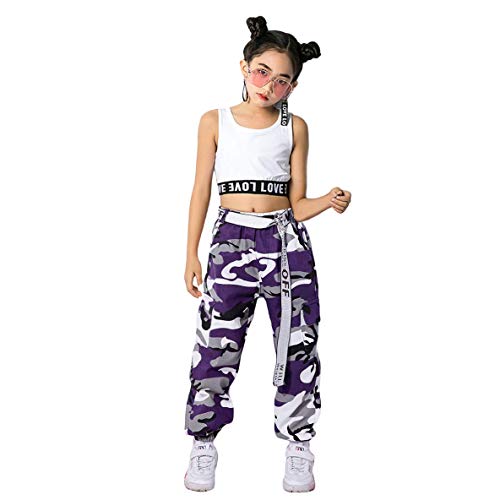 LOLANTA 2 Piezas Niñas Hip Hop Street Dance Ropa Individual Juego Crop Tank Top + Camuflaje Pantalones Basculador (10-11 años, Morado)