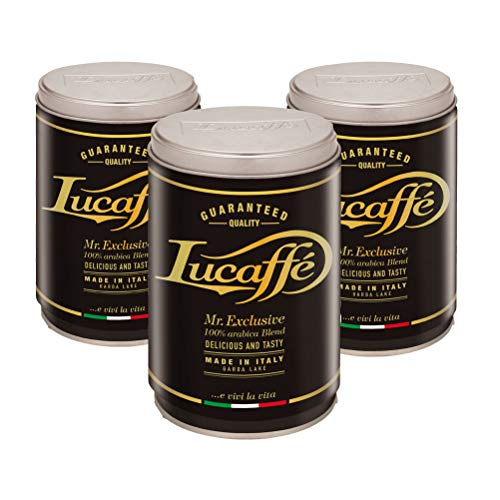 LUCAFFÈ Mr. Exclusive granos de café Arábica 3 latas x 250gr de acero ahorra aroma Origen del café Arábica Sudamérica Asia África granos de café sabor dulce aroma tostadas de cuerpo medio