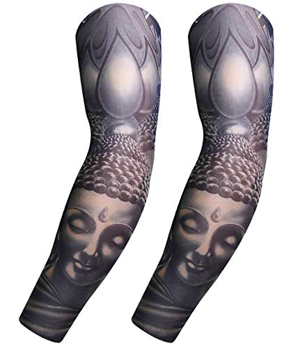 Luemdss Men's Sun Protection Sleeves Indian Buddha Arms Sleeves Drive Tattoo GlovesOutdoor Arm Protection Sleeves