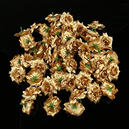 Luoem - Flor artificial dorada, de seda: Cabezas de rosas para decorar bodas, sombreros, vestidos, álbumes; en paquete de 50 unidades