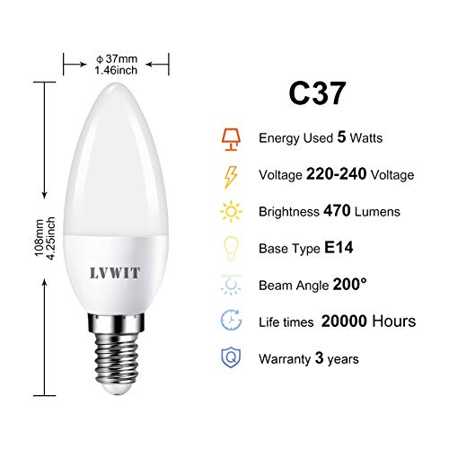 LVWIT Bombillas LED Vela E14 (Casquillo Fino) - 5W equivalente a 40W, 470 lúmenes, Color blanco frío 6500K, No regulable - Pack de 6 Unidades. (View amazon detail page)