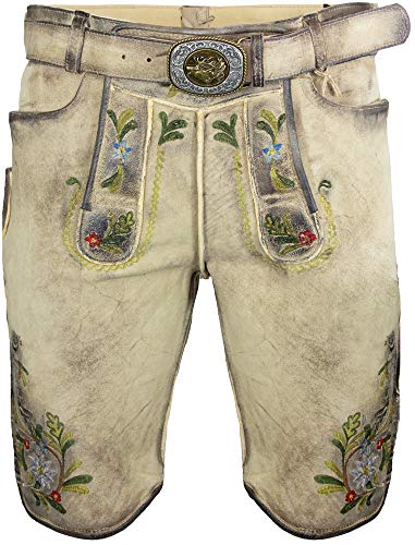 MADDOX SCHWEIGERT's Pantalones cortos de piel Deininger para hombre con cinturón y flor de las nieves y ciervo bordado, color natural Naturaleza – Corsal. 60