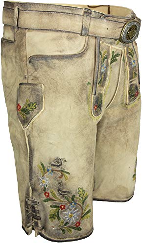 MADDOX SCHWEIGERT's Pantalones cortos de piel Deininger para hombre con cinturón y flor de las nieves y ciervo bordado, color natural Naturaleza – Corsal. 60