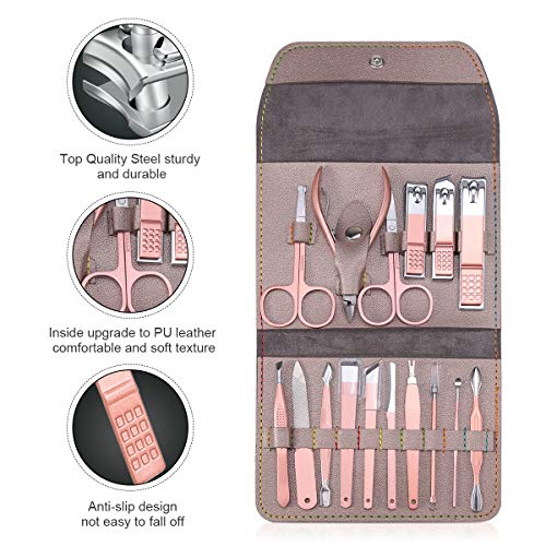 Manicura Pedicura Set 16 PCS Profesional Cortaúñas Acero Inoxidable Grooming Kit - Con Estuche De Viaje De Cuero Lujoso（Gris Plateado）