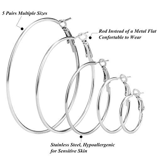 Mannli 5 Pares Aro de Acero Inoxidable Set de Pendiente Aro de Oreja Anilla de Oído Redondo, 5 Tamaños
