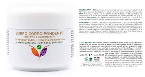 Manteca Hidratante Natural para el Cuerpo, Piel seca y agrietata, Reafirmante con Azafrán, Miel y Aceite de cànamo sativa -Karitè - Vitamina E - certificado BIO 100%