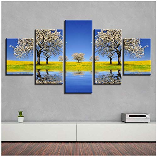 MAXUE Arte de la Pared Pinturas Decoración Impresa Hermoso Peral Flor Árbol Río Hierba Campo Paisaje Lienzo Imágenes-40x60cmx2 40x80cmx2 40x100cm Sin Marco