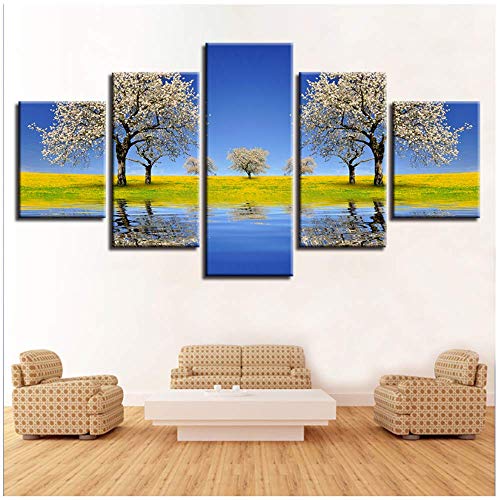 MAXUE Arte de la Pared Pinturas Decoración Impresa Hermoso Peral Flor Árbol Río Hierba Campo Paisaje Lienzo Imágenes-40x60cmx2 40x80cmx2 40x100cm Sin Marco