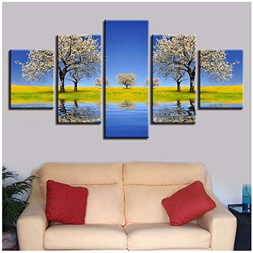 MAXUE Arte de la Pared Pinturas Decoración Impresa Hermoso Peral Flor Árbol Río Hierba Campo Paisaje Lienzo Imágenes-40x60cmx2 40x80cmx2 40x100cm Sin Marco