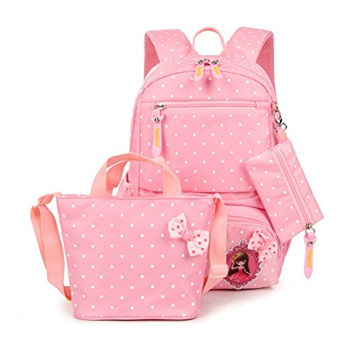 MCUILEE Conjunto de 3 Polka Dot Lindo Las Mochilas Escolares Universidad/Bolsas Escolares/Mochila niños niñas Adolescentes + Bolsa de Mano + Bolsa de lápiz, Rosa