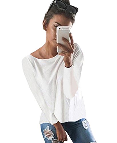 Minetom Mujeres Camiseta con Manga Larga Escotado por Detrás Camisa Blusa T-Shirt Blouses Pullover Sudadera Blanco ES 38