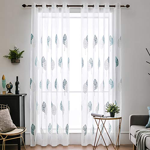 MIULEE 2 Unidades Cortinas Bordado Translucida de Dormitorio Moderno Ventana Visillos Rayas Salon Paneles con Ojales Plateados para Sala Cuarto Comedor Salon Cocina Habitación 140x260 cm Azul