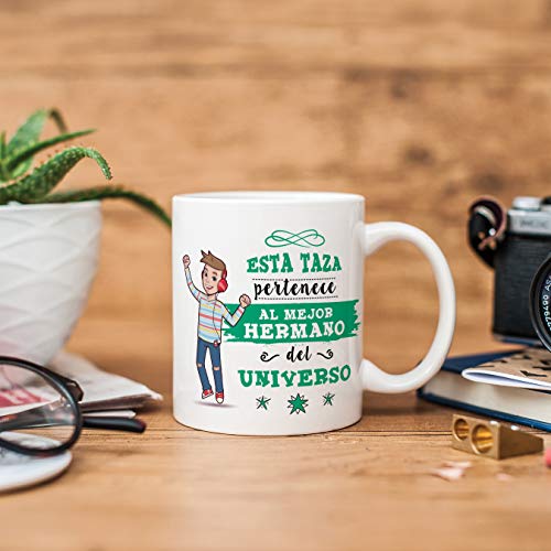 MUGFFINS Taza Hermano - Esta Taza Pertenece al Mejor Hermano del Universo - Taza Desayuno/Idea Regalo Original/Cumpleaños de Hermanitos. Cerámica 350 mL