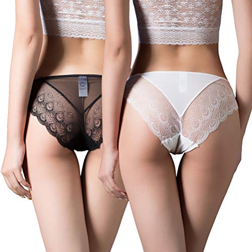 Mujer Sexy Bragas Encaje Briefs Ropa Interior Pavo Real Pattern Transparente Bikini Lencería 2 Paquete Negro Blanco M