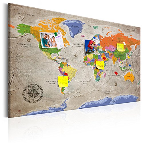 murando - Mapamundi con Tablero para Clavar chinchetas 90x60 cm - Cuadro en Lienzo sintético - Panel de Fibra - Mapa del Mundo Continente - k-A-0133-v-a