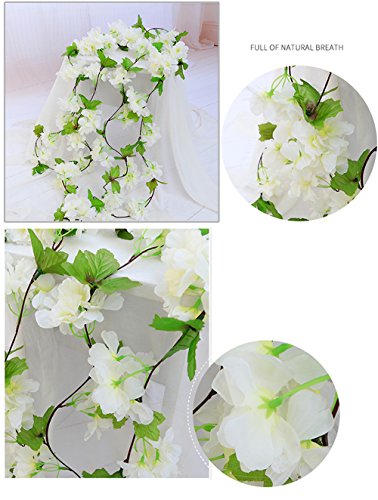 MZMing 2piecesx235cm Artificial Cereza Colgando Vid Flor Artificial Brote Flor Planta Artificial Flor Vid Hojas Para Familia Jardín Fiesta Cerca Decoración de la Boda-Blanco