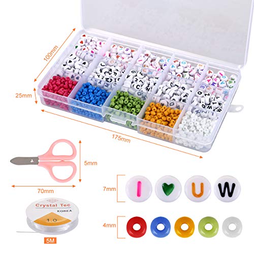 Naler Conjunto de 4mm Cuentas de Colores y 7mm Abalorios Letras Redondas Cuentas Alfabeto para Pulseras DIY Manualidades (1550 Piezas)