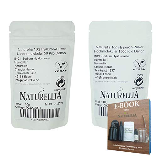 Naturellia Acido Hialuronico 20g - 10 Gramos 50 kDalton Bajo Peso + 10 Gramos 1500k Dalton Alto Peso Molecular Para el Efecto de Superficie