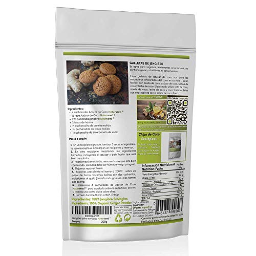 NATURSEED Jengibre en Polvo Ecológico 200gr - Puro, Bio, Organico, Raíz Natural, Molido - Ginger Root Powder - Infusion con Limón, te, Galletas, Pan, Bizcochos - Ebook Gratis