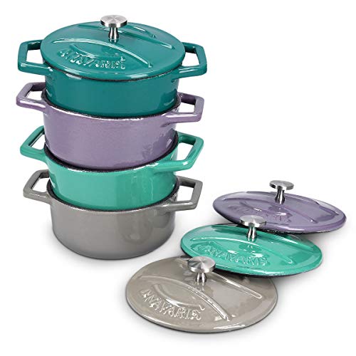 Navaris Juego de 4X Cocotte de Hierro Fundido - Mini cazuelas de 10.5CM esmaltada con Tapa - Set de cacerolas Apta para lavavajillas Horno - 250ML