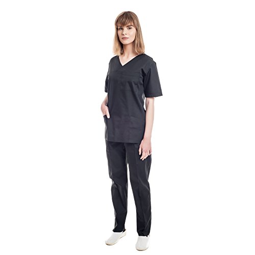 Negro Uniformes Sanitario Pijama Mujer - 7 Tamaños A Medida Xs-3xl - Úsalo como Medico, Enfermera, Peluqueria, Veterinario, SPA, Fisioterapeuta Uniforme O De Trabajo Limpieza, Casaca Estetica Ropa