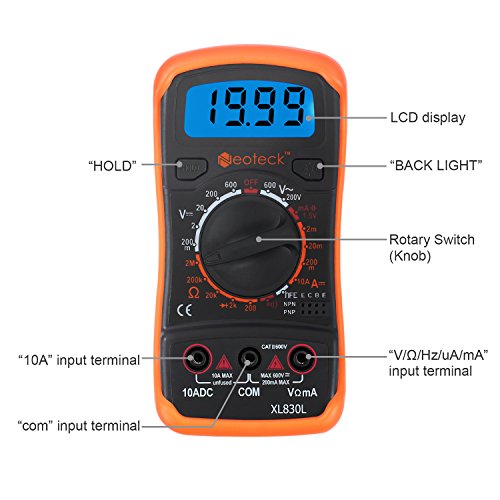 Neoteck MultÍmetro Digital Multi Tester Voltímetro Amperímetro Ohmímetro AC/DC Diodos de Resistencia Transistor Audible Continuidad Probador con retroiluminación LCD para Fábrica Laboratorio