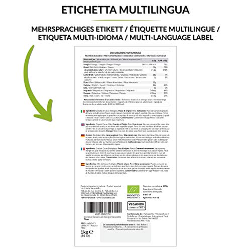 Nibs de Cacao Crudo Ecológico 1 kg. 100% Puntas de Cacao Bio, Natural y Puro. Cultivado en Perú a partir de la planta Theobroma cacao. Fuente de magnesio, potasio y hierro. NaturaleBio