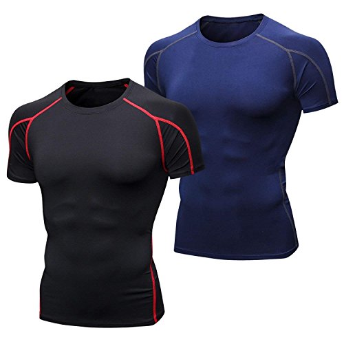 Niksa 2 Piezas Camisetas de Fitness Compresión Ropa Deportiva Manga Corta Hombre para Correr, Ejercicio,Gimnasio Negro Rojo+Azul Marino1053(M)