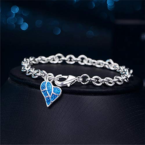 NOBRAND Charm Braccialetti a Forma di Cuore con Opale BLU Femme Regali a Catena con maglie a Catena Color Argento