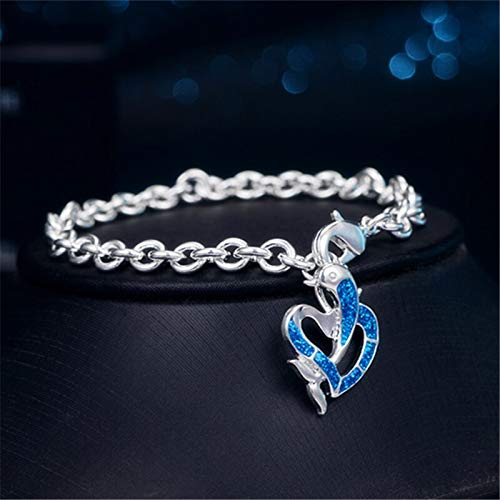 NOBRAND Charm Bracciali a Forma di Cuore con delfini BLU Opale Femme Colore Argento Catena maglie Regalo Regalo Catena