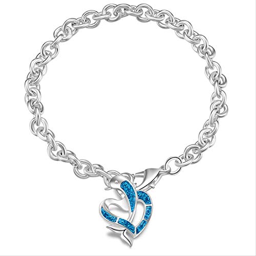 NOBRAND Charm Bracciali a Forma di Cuore con delfini BLU Opale Femme Colore Argento Catena maglie Regalo Regalo Catena