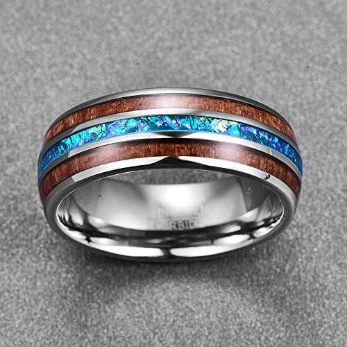 NUNCAD Anillo Hombre/Mujer con Shell + Madera/Ópalo de Tungsteno Unisex Ring para Recuerdos/Aniversario/Regalo 8mm Plata + Azul + Marrón Tamaño (10-36)