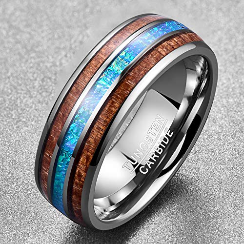 NUNCAD Anillo Hombre/Mujer con Shell + Madera/Ópalo de Tungsteno Unisex Ring para Recuerdos/Aniversario/Regalo 8mm Plata + Azul + Marrón Tamaño (10-36)