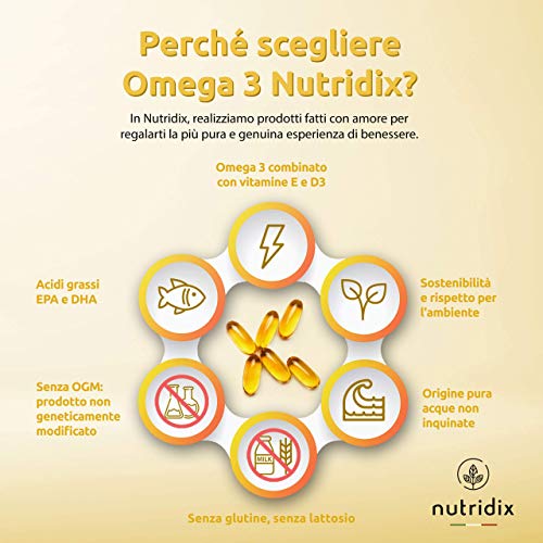 Omega 3 2000 mg por Dosis - Ácidos Grasos Esenciales DHA y EPA - Aceite de Pescado Puro Alta Concentración con Vitamina D y E - 60 Cápsulas Nutridix