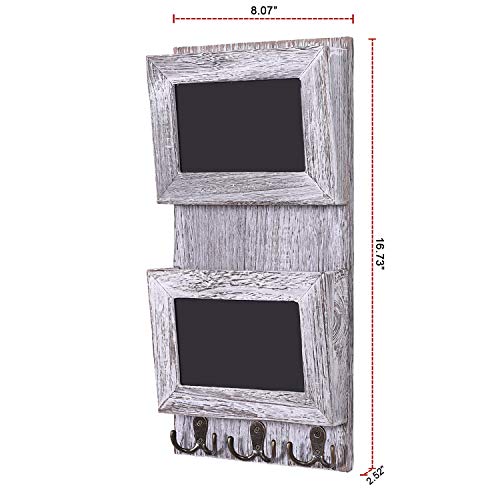 Organizador clasificador de correo rústico de 2 ranuras para pared con superficie de pizarra y 3 ganchos de doble llave - Decorador de pared para entrada hecho de madera de Paulownia - blanco rústico