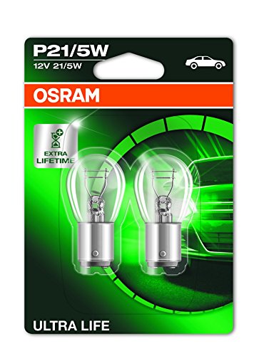 OSRAM ULTRA LIFE P21/5W, lámpara de señalización halógena, luz de freno, luz adicional trasera, 7528ULT-02B, automóvil de 12 V, ampolla doble (2 unidades)