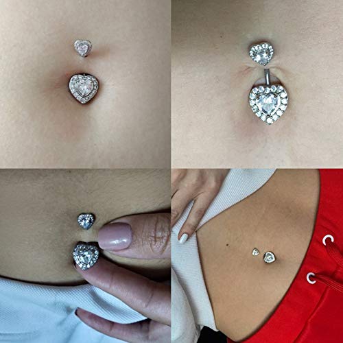 OUFER 316L Surgical Steel Double Heart Cubic Zirconia Belly Button Ring 14G (1.6mm) (18ct White Gold)