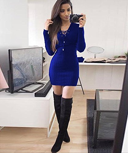 OverDose mujer De Manga Larga con Cuello En V Botones Invierno OtoñO Moda Sexy Delgado Nuevo Casual Bodycon CóCtel Mini Vestido (XL, R-Azul)