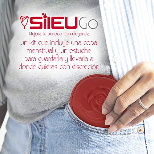 Pack Sileu Go: Copa menstrual Rose - Modelo de iniciación - Alternativa ecológica, natural a tampones y compresas - Talla L, Rojo, Flexibilidad Standard + Estuche de Flor Rojo