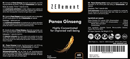 Panax Ginseng 2375mg, 50 mg de Ginsenósidos, 60 Cápsulas | Mejora la concentración, memoria y resistencia atlética | No GMO, 100% Natural | Zenement