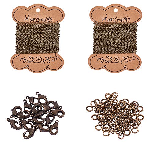 PandaHall Elite Kit para Collar DIY con 2 Hojas Cadena Trenzada Hierro 100pcs 4mm anilllo Abierto 20pcs Cierre de Langosta de latón para Bricolaje bisutería Bronce Antiguo Accesorios para Joyas