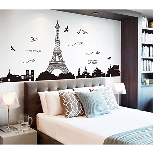 Pegatina de pared vinilo adhesivo decorativo para cuartos, dormitorio,cocina, ... vista de Paris Torre Eiffel Color Negro OPEN BUY