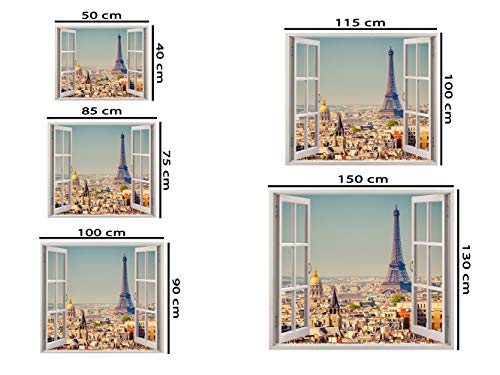 Pegatinas 3D Vinilo Ventana Varias Medidas 150x130cm | Adhesivo Incluido | Decoracion Habitación |Paris, Torre Eiffel Vista panoramica Diseño Elegante |